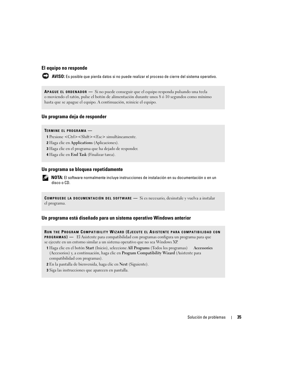 El equipo no responde, Un programa deja de responder, Un programa se bloquea repetidamente | Dell Dimension 5000 User Manual | Page 35 / 144