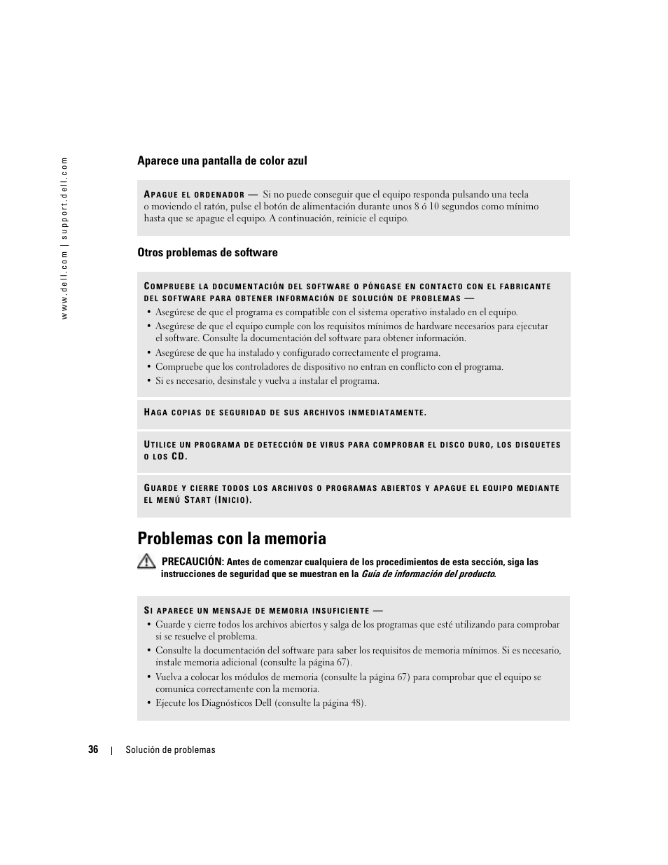 Aparece una pantalla de color azul, Otros problemas de software, Problemas con la memoria | Dell Dimension 5000 User Manual | Page 36 / 144