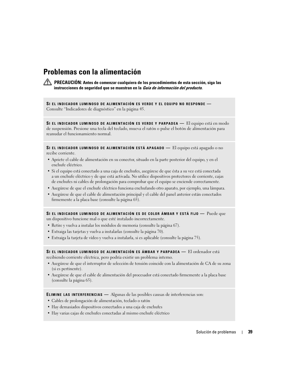 Problemas con la alimentación | Dell Dimension 5000 User Manual | Page 39 / 144