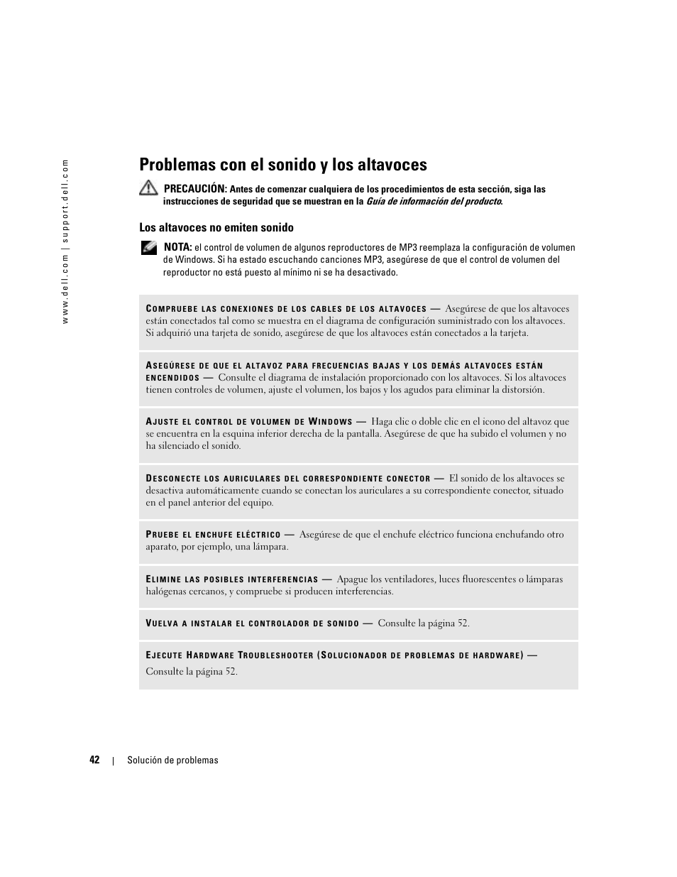 Problemas con el sonido y los altavoces, Los altavoces no emiten sonido, Consulte “problemas con el sonido | Dell Dimension 5000 User Manual | Page 42 / 144