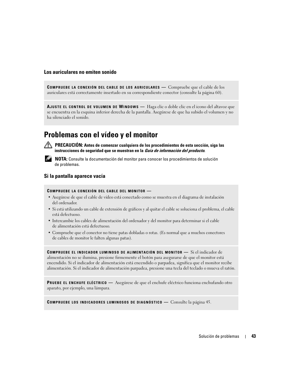 Los auriculares no emiten sonido, Problemas con el vídeo y el monitor, Si la pantalla aparece vacía | Dell Dimension 5000 User Manual | Page 43 / 144