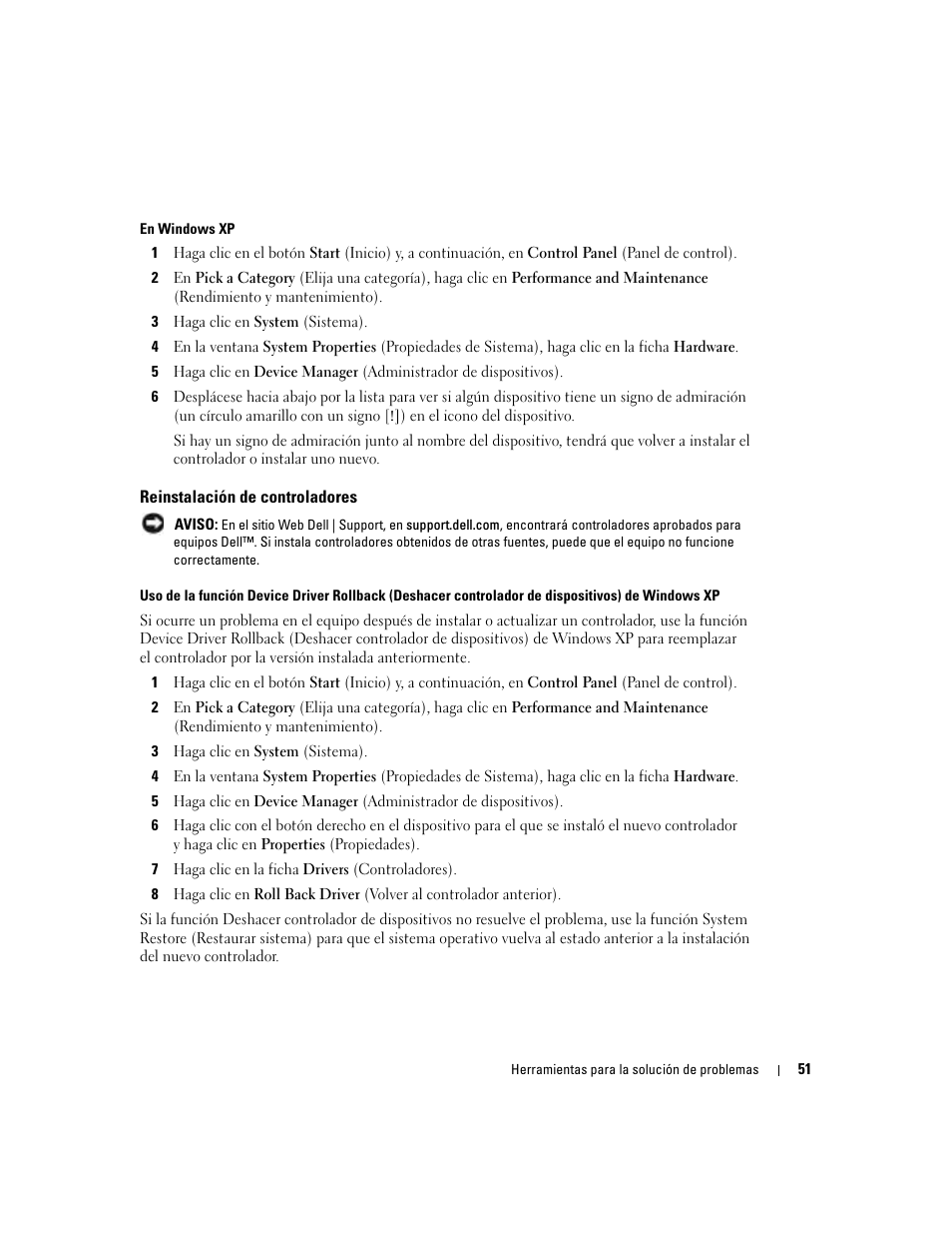 Reinstalación de controladores | Dell Dimension 5000 User Manual | Page 51 / 144