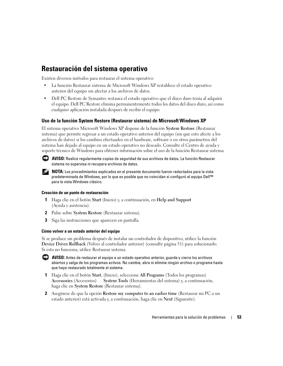 Restauración del sistema operativo | Dell Dimension 5000 User Manual | Page 53 / 144