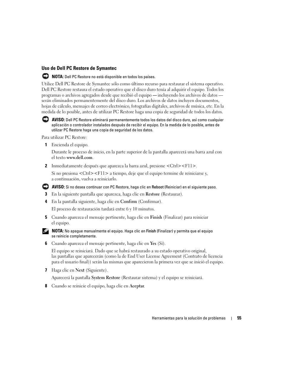 Uso de dell pc restore de symantec | Dell Dimension 5000 User Manual | Page 55 / 144