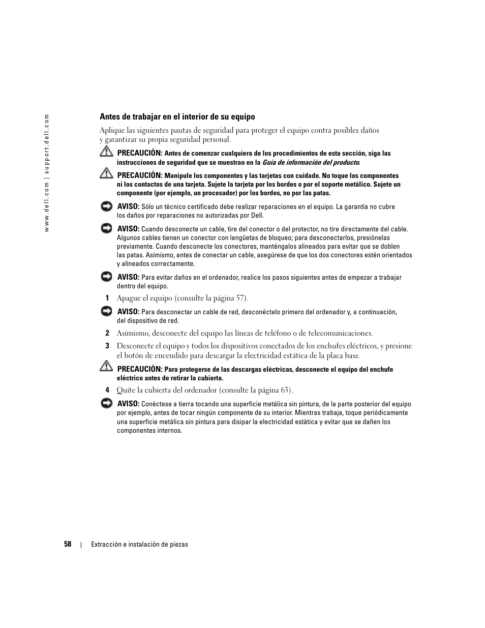 Antes de trabajar en el interior de su equipo | Dell Dimension 5000 User Manual | Page 58 / 144