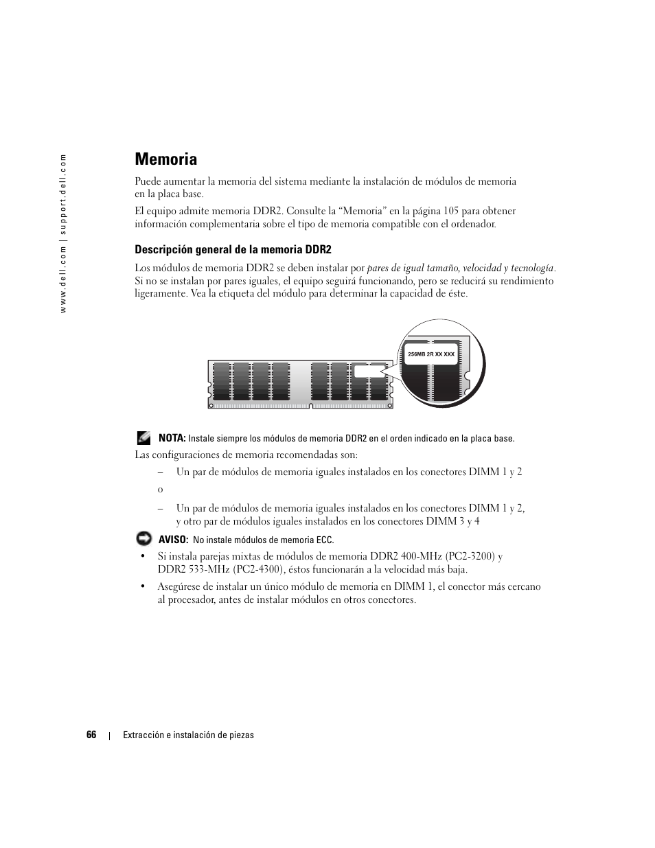 Memoria, Descripción general de la memoria ddr2 | Dell Dimension 5000 User Manual | Page 66 / 144