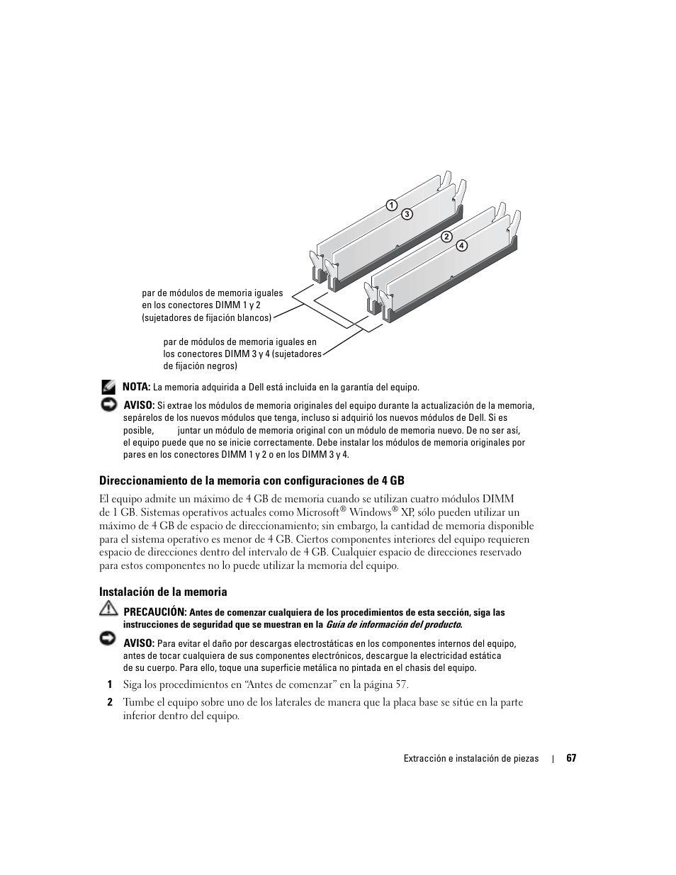 Instalación de la memoria | Dell Dimension 5000 User Manual | Page 67 / 144