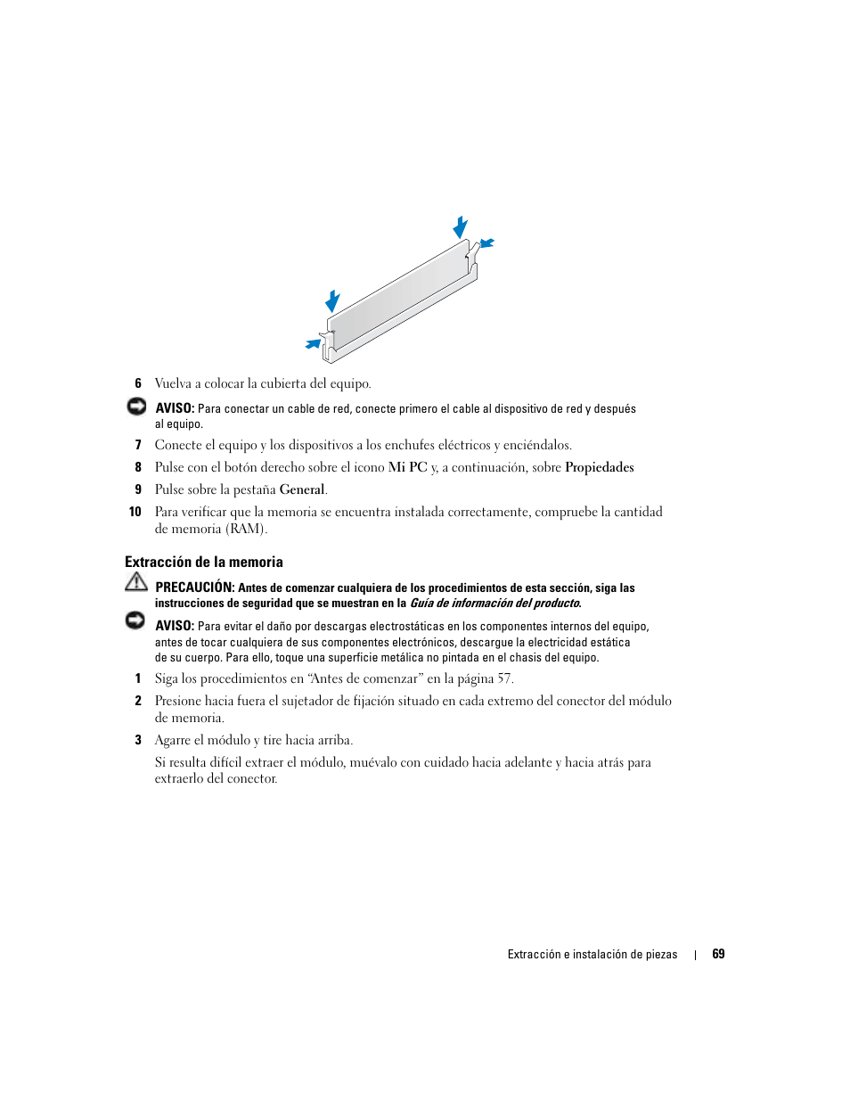Extracción de la memoria | Dell Dimension 5000 User Manual | Page 69 / 144