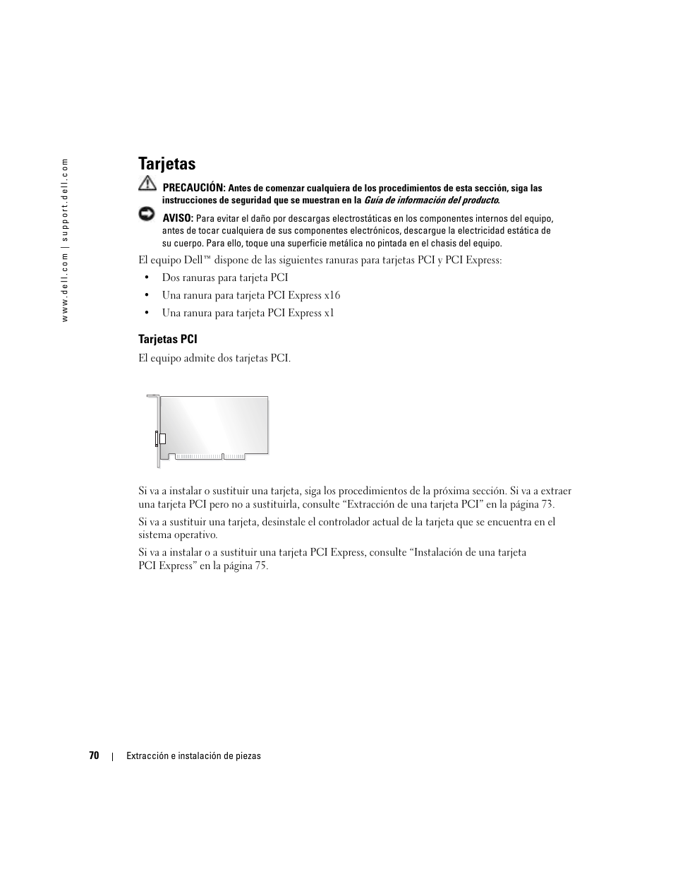 Tarjetas, Tarjetas pci | Dell Dimension 5000 User Manual | Page 70 / 144