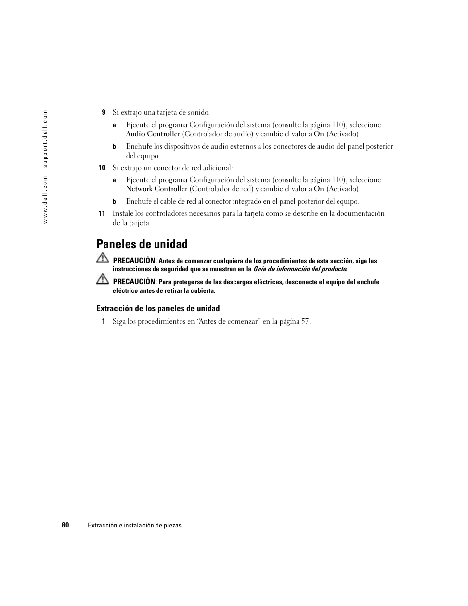 Paneles de unidad, Extracción de los paneles de unidad | Dell Dimension 5000 User Manual | Page 80 / 144