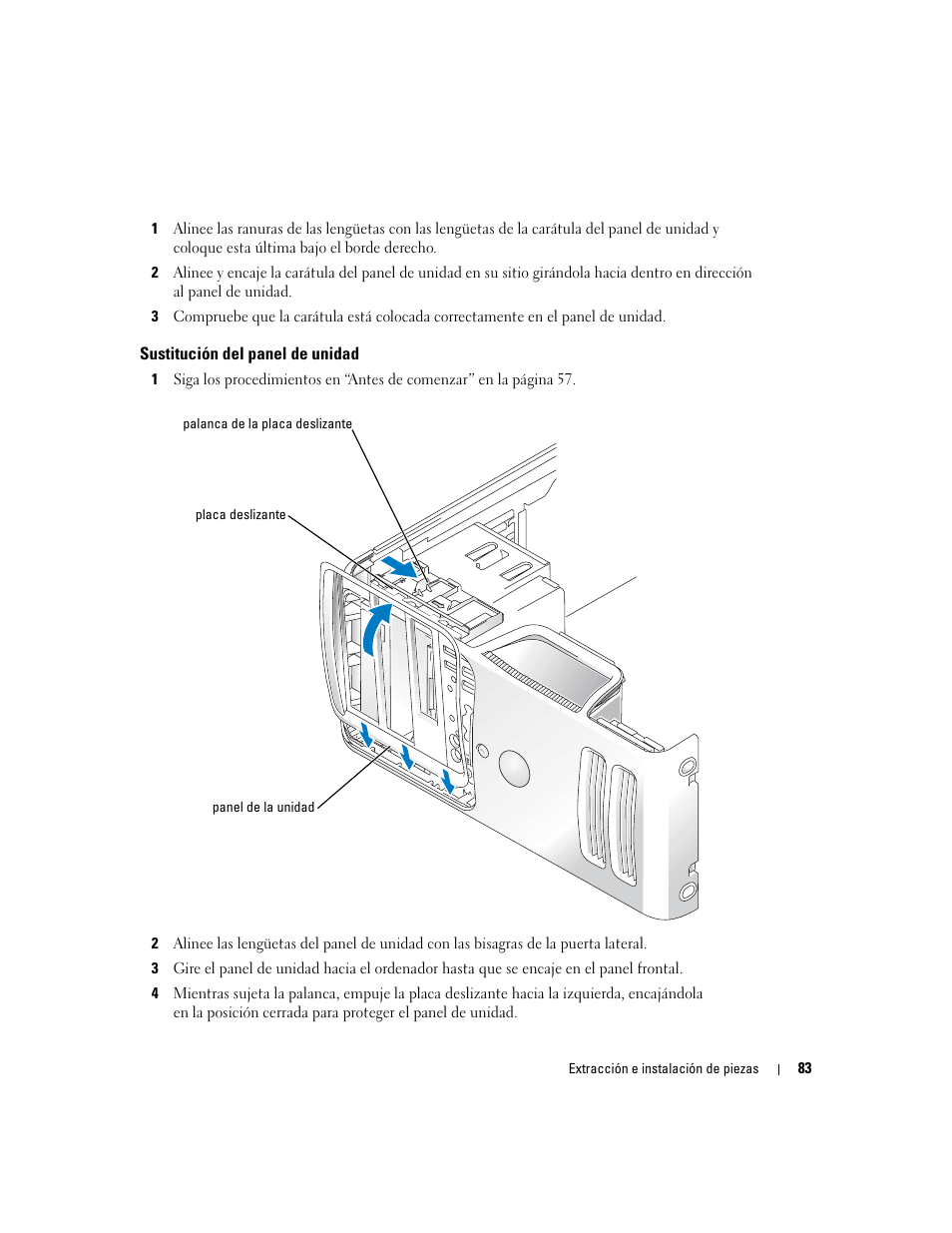 Sustitución del panel de unidad | Dell Dimension 5000 User Manual | Page 83 / 144