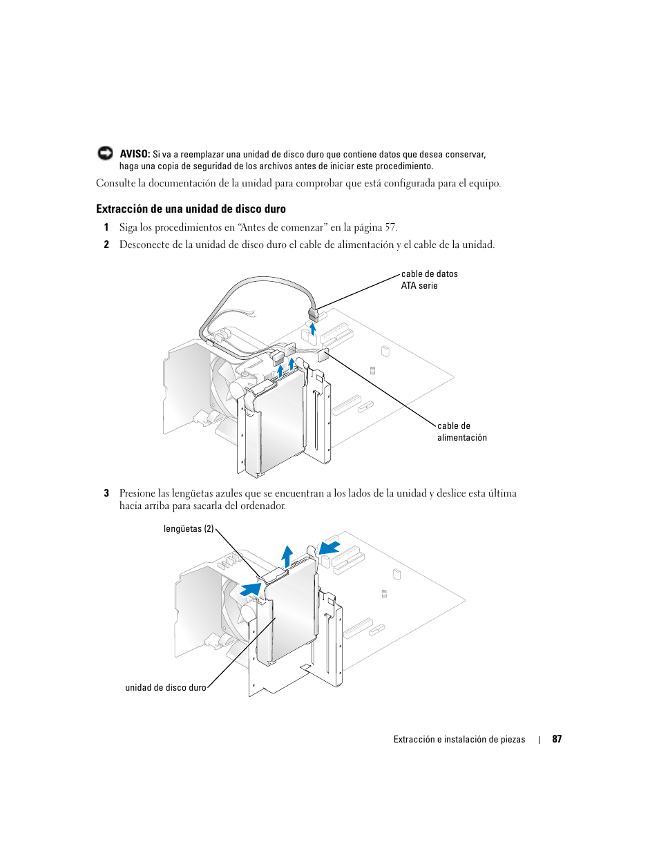 Extracción de una unidad de disco duro | Dell Dimension 5000 User Manual | Page 87 / 144