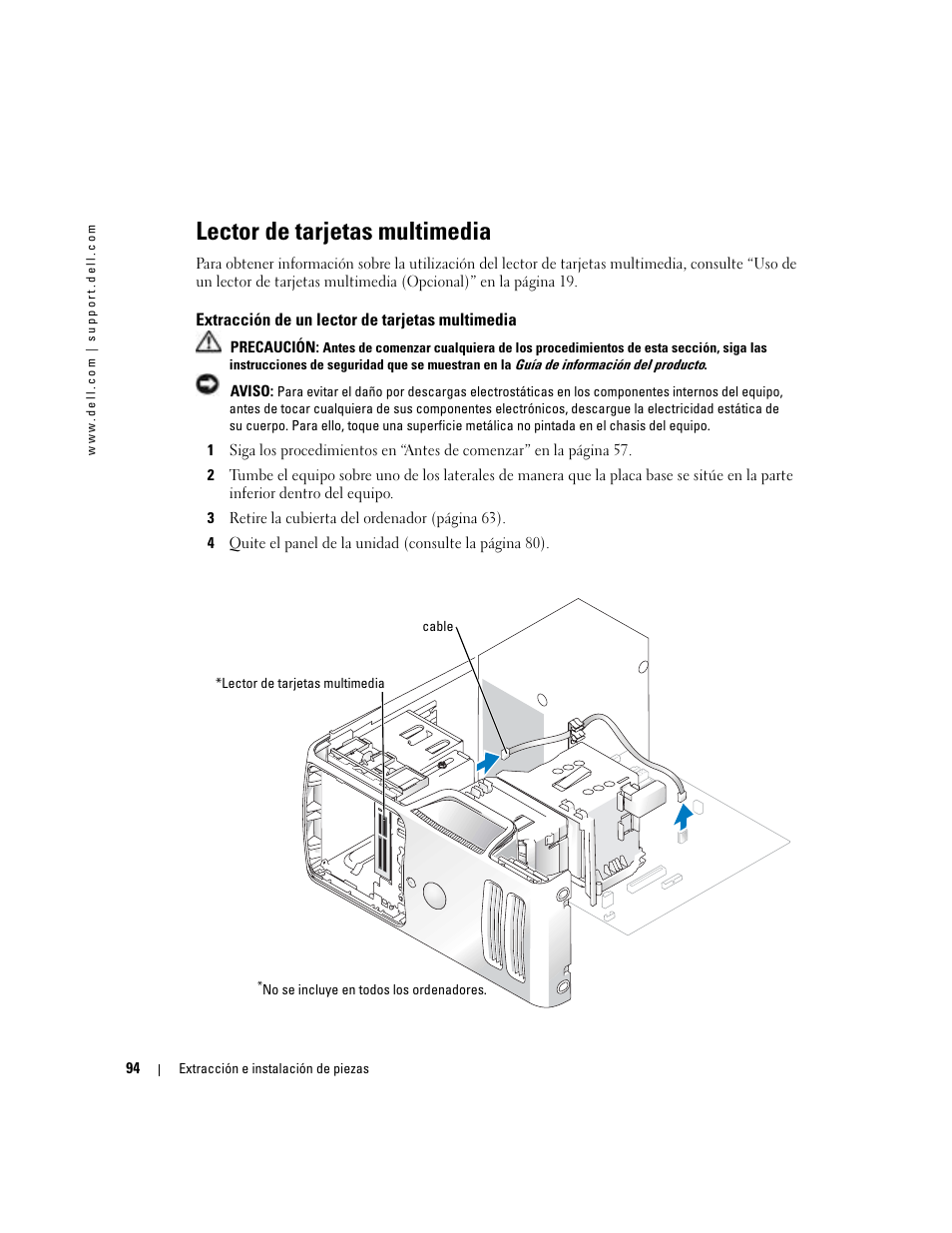 Lector de tarjetas multimedia, Extracción de un lector de tarjetas multimedia | Dell Dimension 5000 User Manual | Page 94 / 144