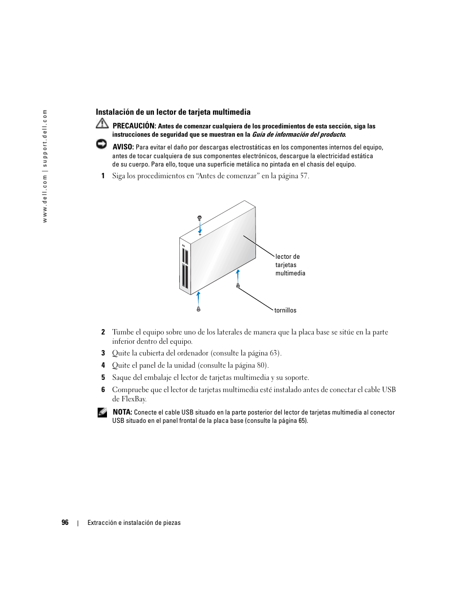 Instalación de un lector de tarjeta multimedia | Dell Dimension 5000 User Manual | Page 96 / 144