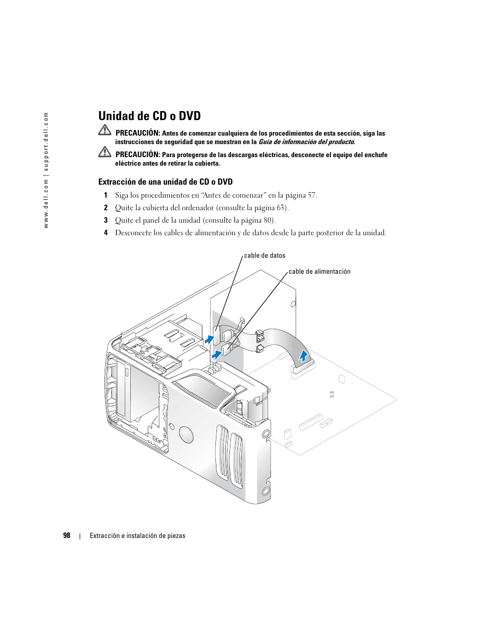 Unidad de cd o dvd, Extracción de una unidad de cd o dvd | Dell Dimension 5000 User Manual | Page 98 / 144