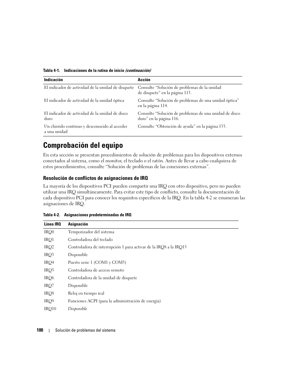 Comprobación del equipo, Resolución de conflictos de asignaciones de irq | Dell POWEREDGE 840 User Manual | Page 100 / 172
