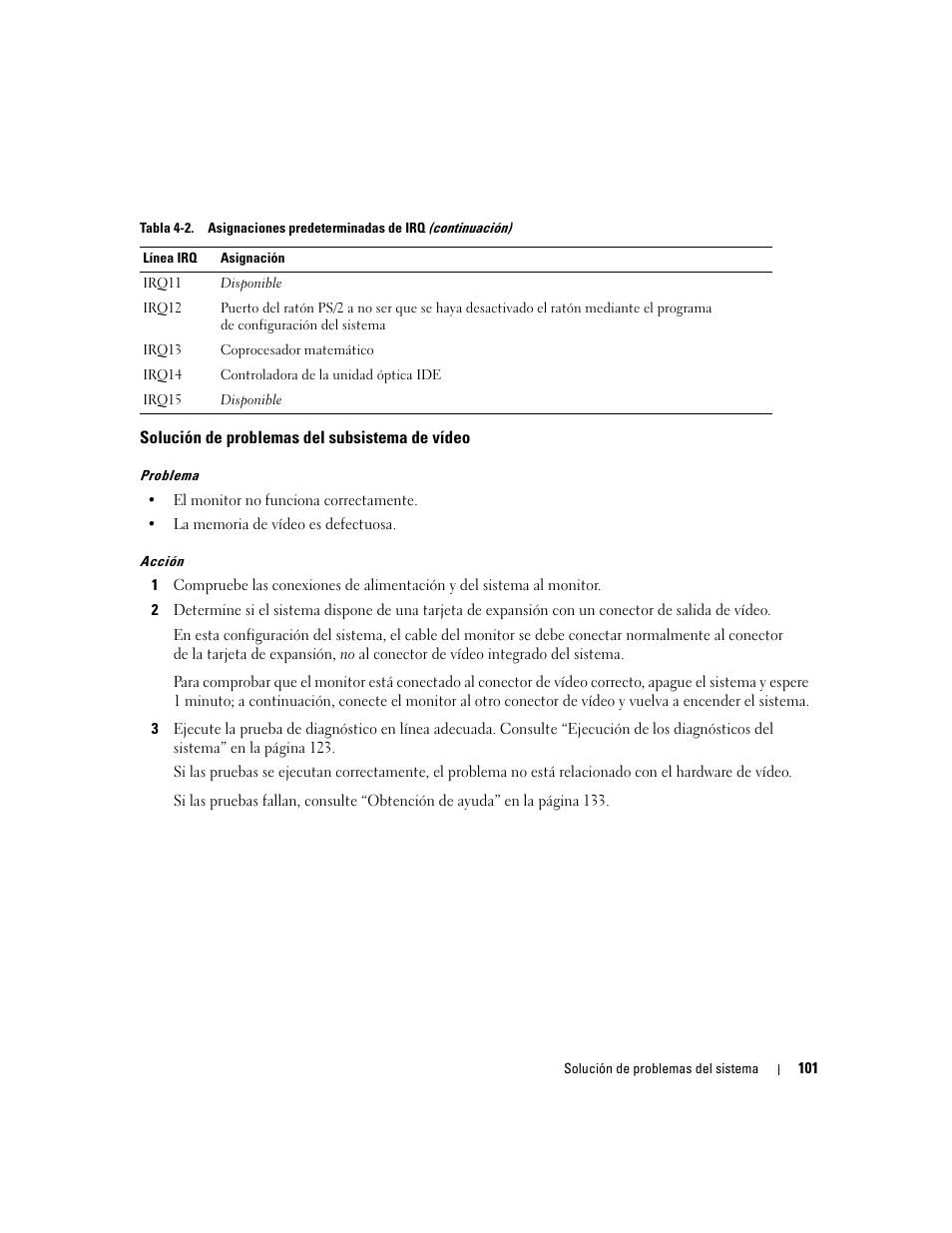 Solución de problemas del subsistema de vídeo | Dell POWEREDGE 840 User Manual | Page 101 / 172
