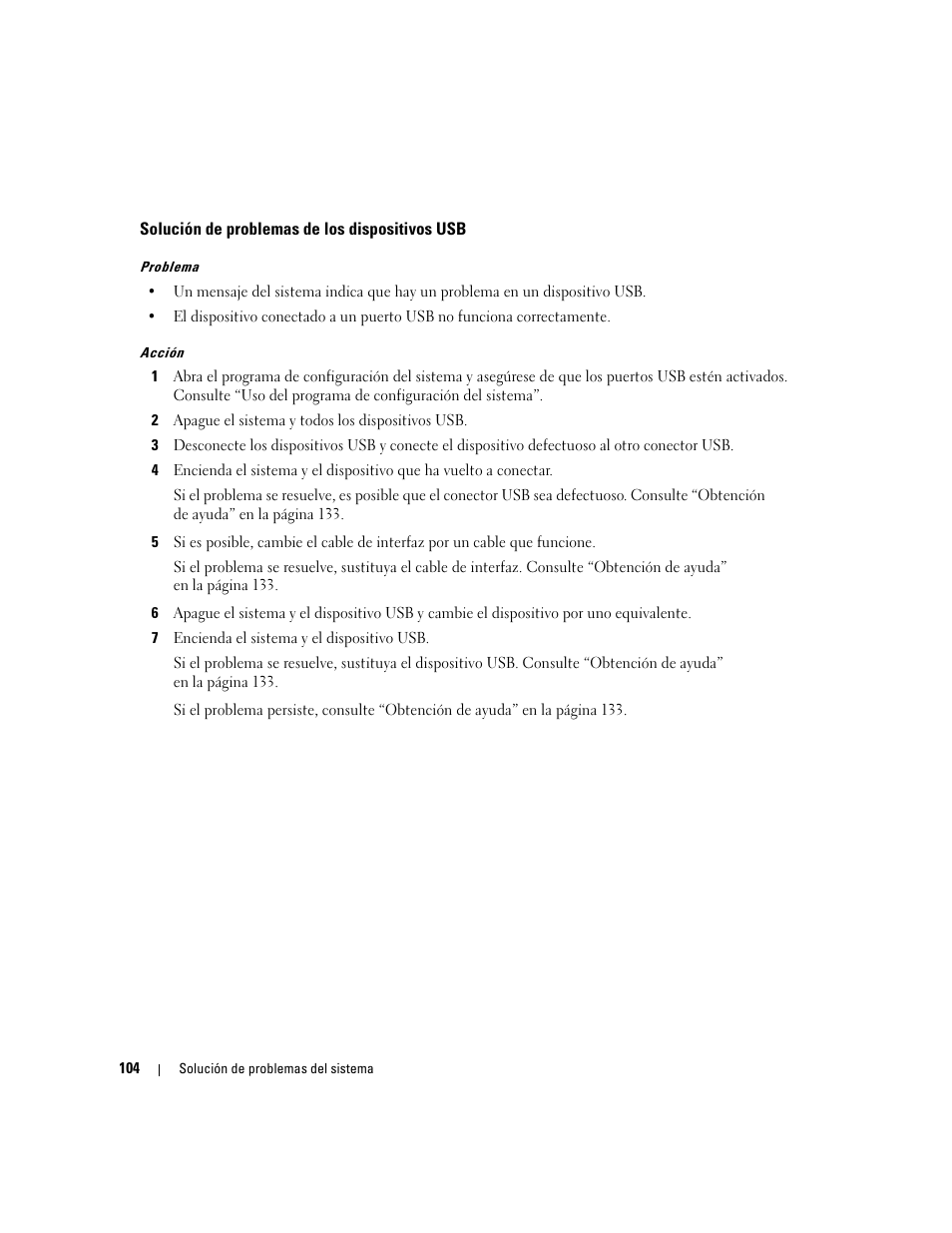 Solución de problemas de los dispositivos usb | Dell POWEREDGE 840 User Manual | Page 104 / 172