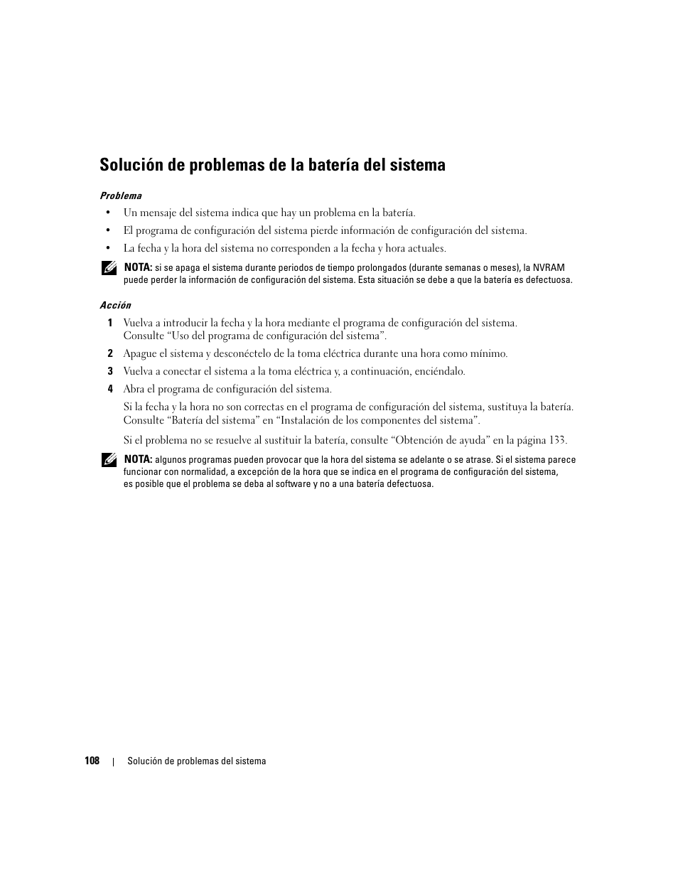 Solución de problemas de la batería del sistema | Dell POWEREDGE 840 User Manual | Page 108 / 172