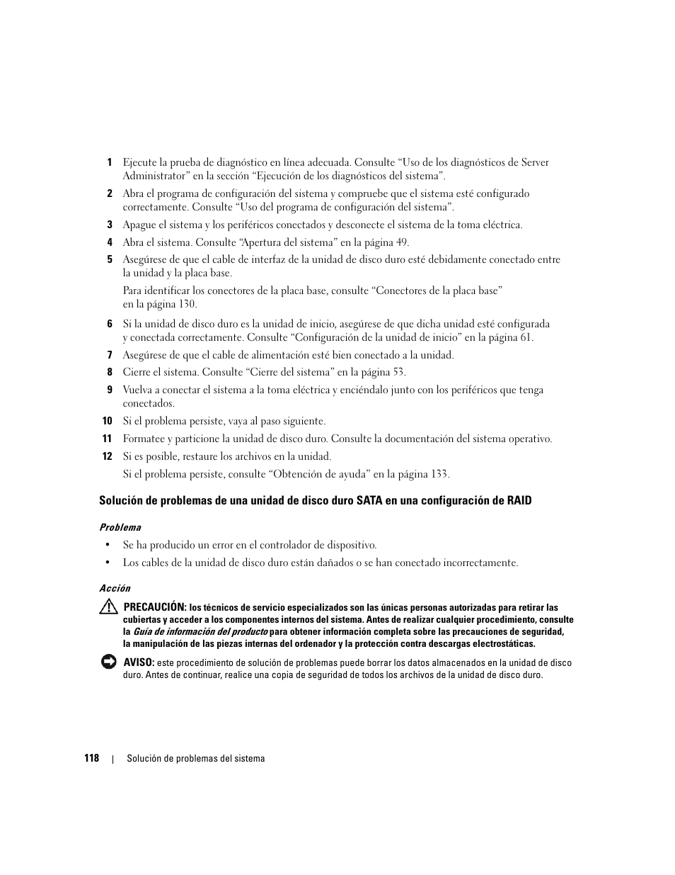 Ación raid, consulte “solución de problemas de una | Dell POWEREDGE 840 User Manual | Page 118 / 172