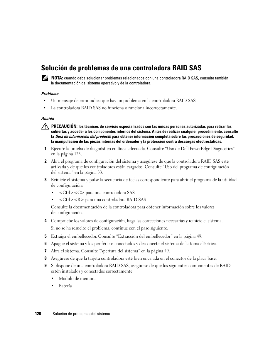 Solución de problemas de una controladora raid sas | Dell POWEREDGE 840 User Manual | Page 120 / 172