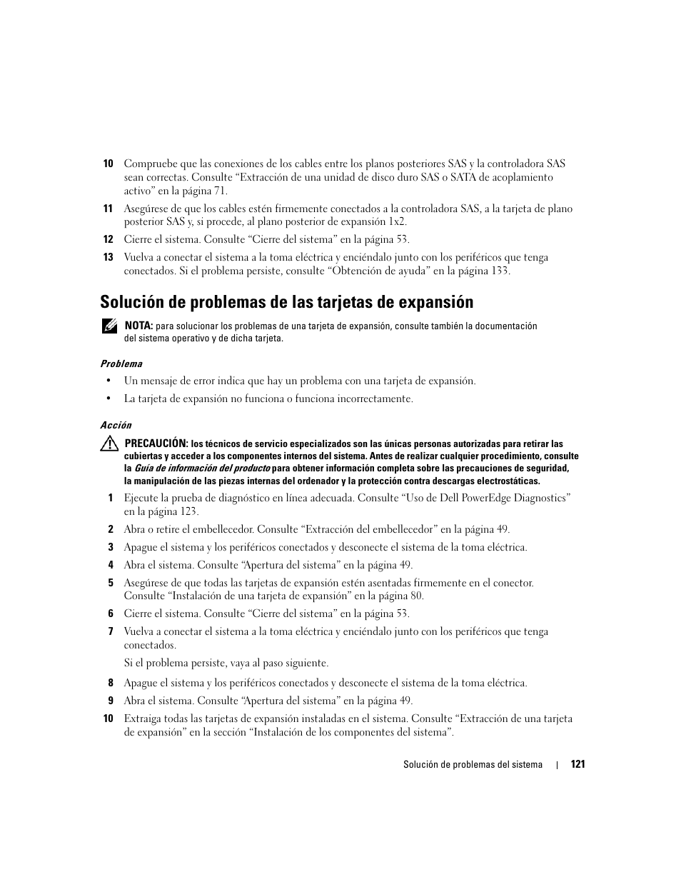 Solución de problemas de las tarjetas de expansión | Dell POWEREDGE 840 User Manual | Page 121 / 172