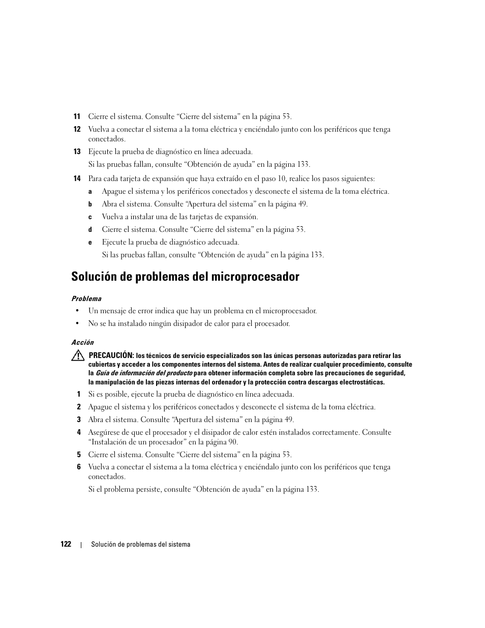 Solución de problemas del microprocesador | Dell POWEREDGE 840 User Manual | Page 122 / 172