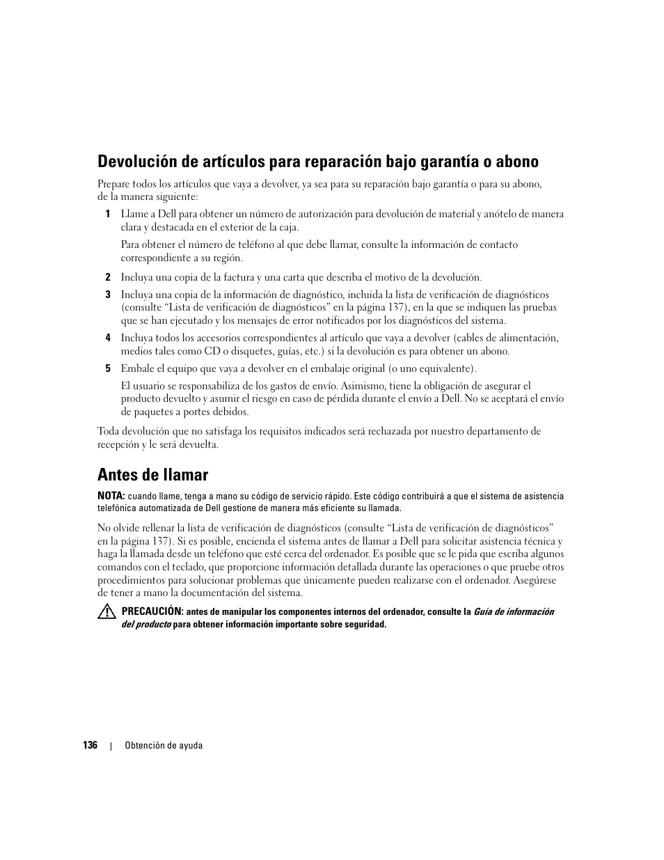 Antes de llamar | Dell POWEREDGE 840 User Manual | Page 136 / 172