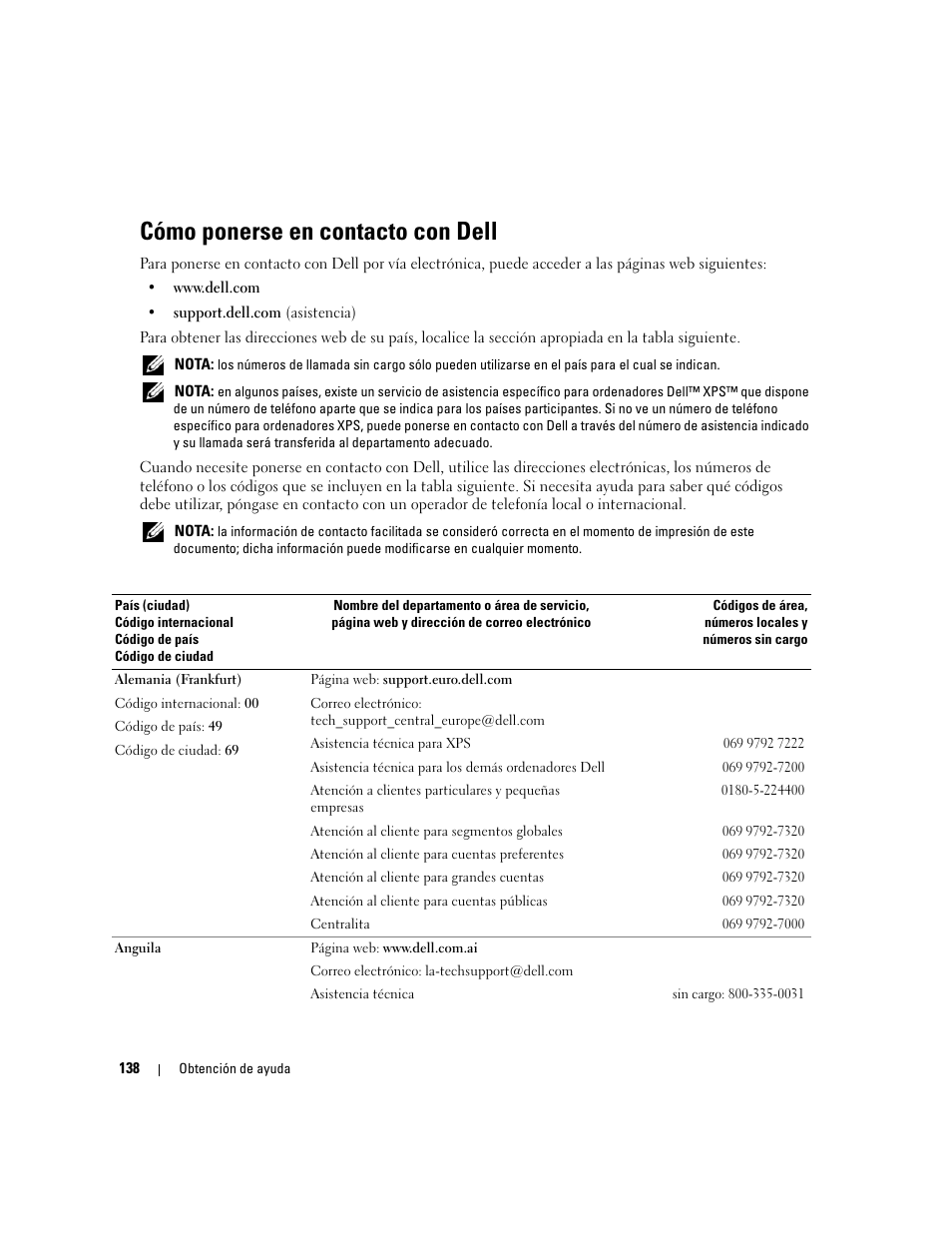Cómo ponerse en contacto con dell | Dell POWEREDGE 840 User Manual | Page 138 / 172