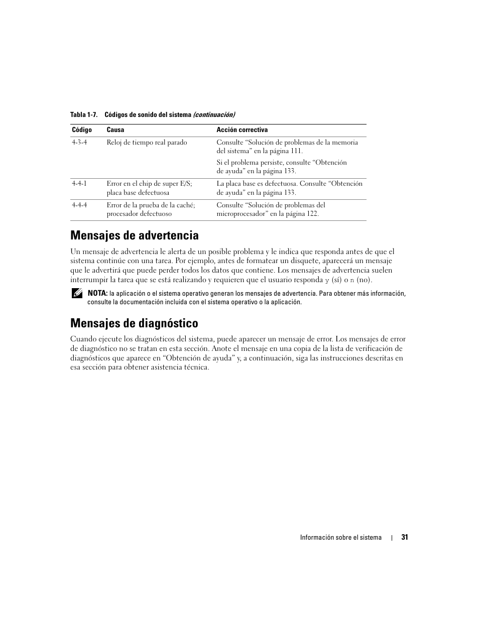Mensajes de advertencia, Mensajes de diagnóstico | Dell POWEREDGE 840 User Manual | Page 31 / 172