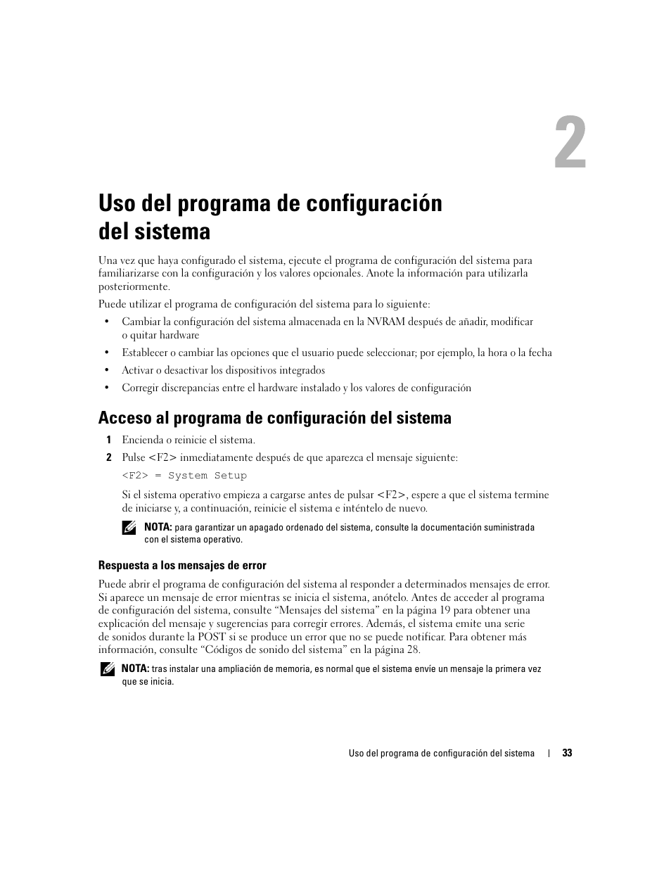 Uso del programa de configuración del sistema, Acceso al programa de configuración del sistema, Respuesta a los mensajes de error | Dell POWEREDGE 840 User Manual | Page 33 / 172