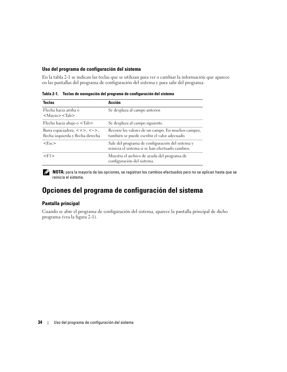 Uso del programa de configuración del sistema, Opciones del programa de configuración del sistema, Pantalla principal | Dell POWEREDGE 840 User Manual | Page 34 / 172