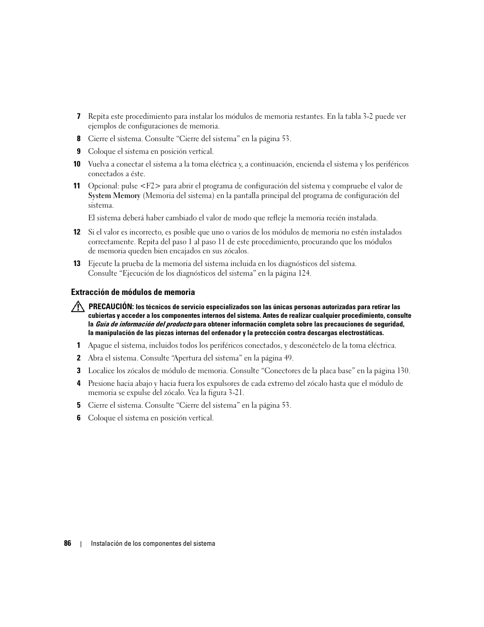 Extracción de módulos de memoria | Dell POWEREDGE 840 User Manual | Page 86 / 172