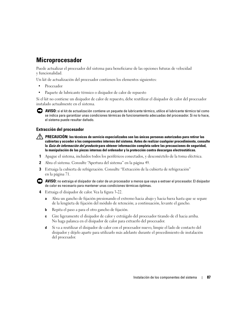 Microprocesador, Extracción del procesador | Dell POWEREDGE 840 User Manual | Page 87 / 172