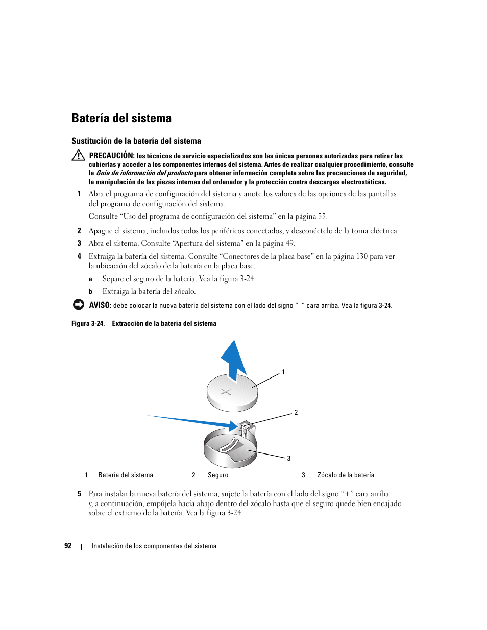 Batería del sistema, Sustitución de la batería del sistema | Dell POWEREDGE 840 User Manual | Page 92 / 172