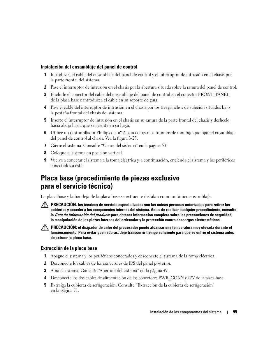 Instalación del ensamblaje del panel de control, Extracción de la placa base | Dell POWEREDGE 840 User Manual | Page 95 / 172