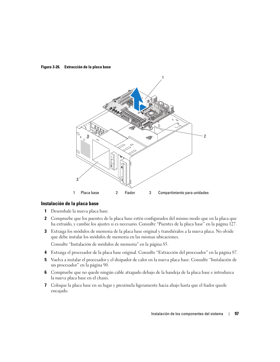 Instalación de la placa base, A la figura 3-26 | Dell POWEREDGE 840 User Manual | Page 97 / 172