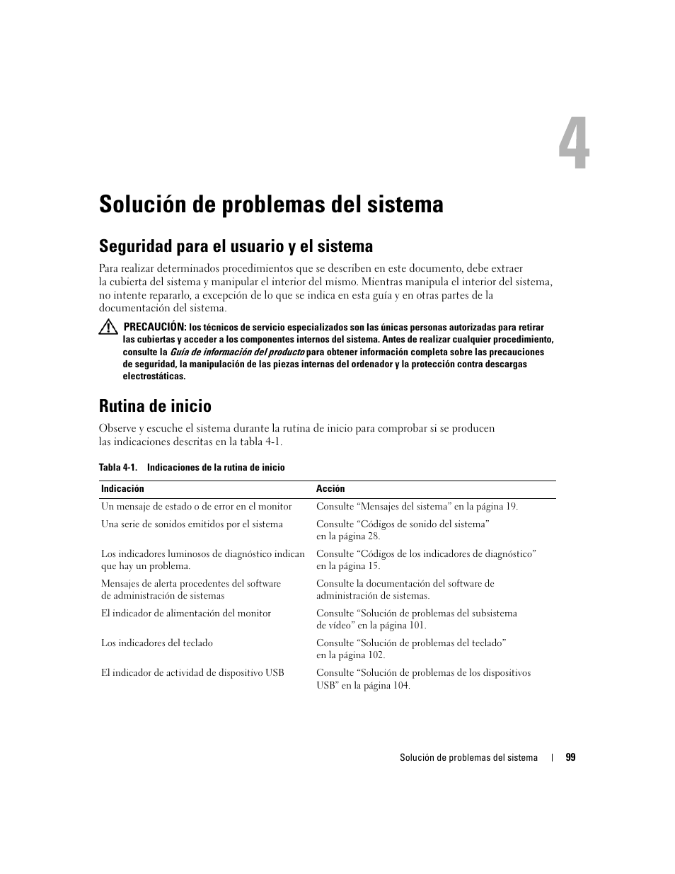 Solución de problemas del sistema, Seguridad para el usuario y el sistema, Rutina de inicio | Dell POWEREDGE 840 User Manual | Page 99 / 172