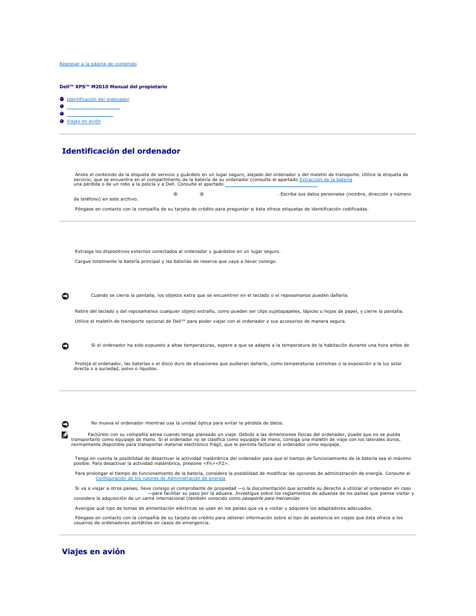 Viajes con el ordenador, Identificación del ordenador, Embalaje del ordenador | Sugerencias de viaje, Viajes en avión | Dell XPS M2010 (MXP061, Mid 2006) User Manual | Page 100 / 119