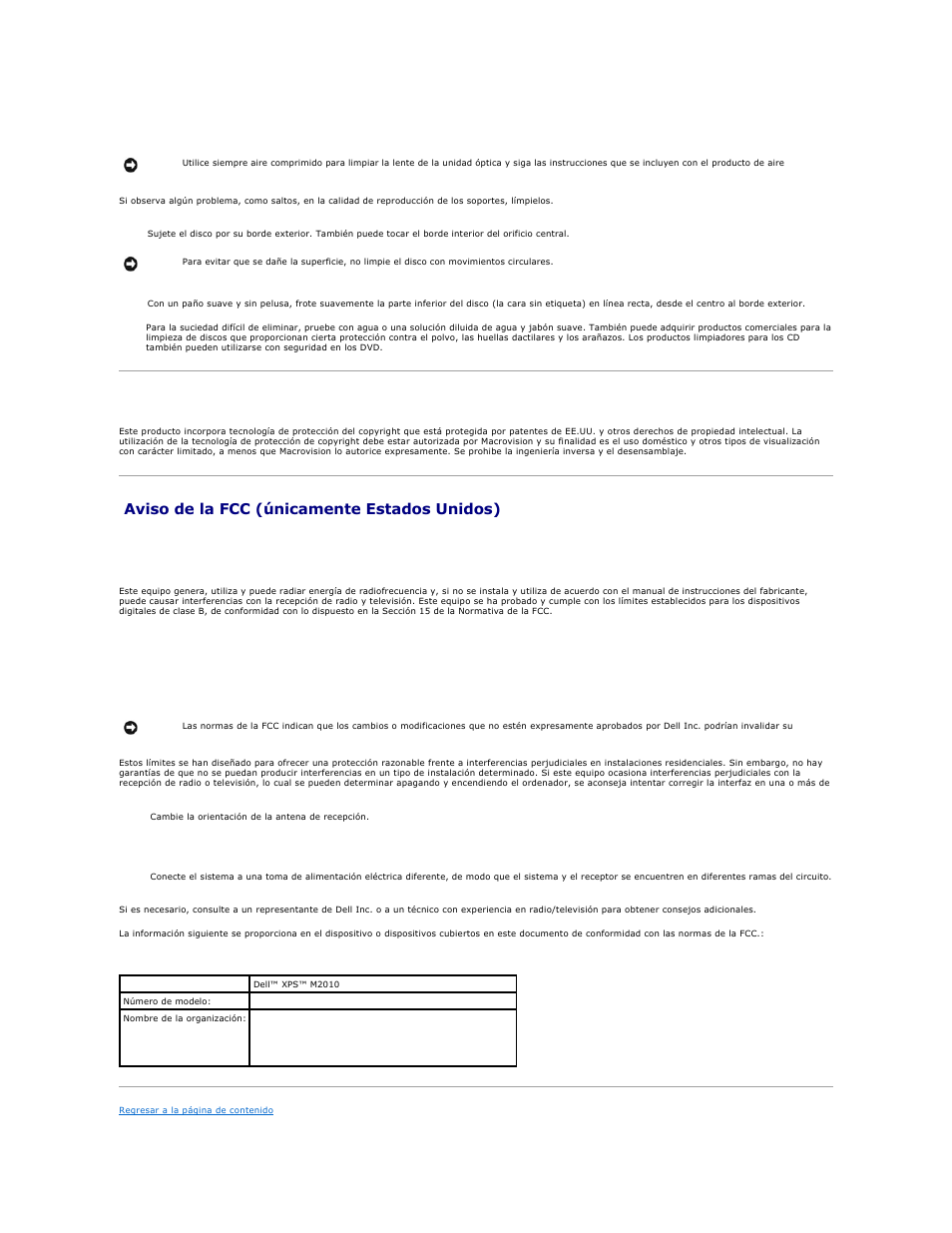 Aviso del producto macrovision, Aviso de la fcc (únicamente estados unidos), Cd, dvd y soportes bd | Fcc clase b | Dell XPS M2010 (MXP061, Mid 2006) User Manual | Page 11 / 119