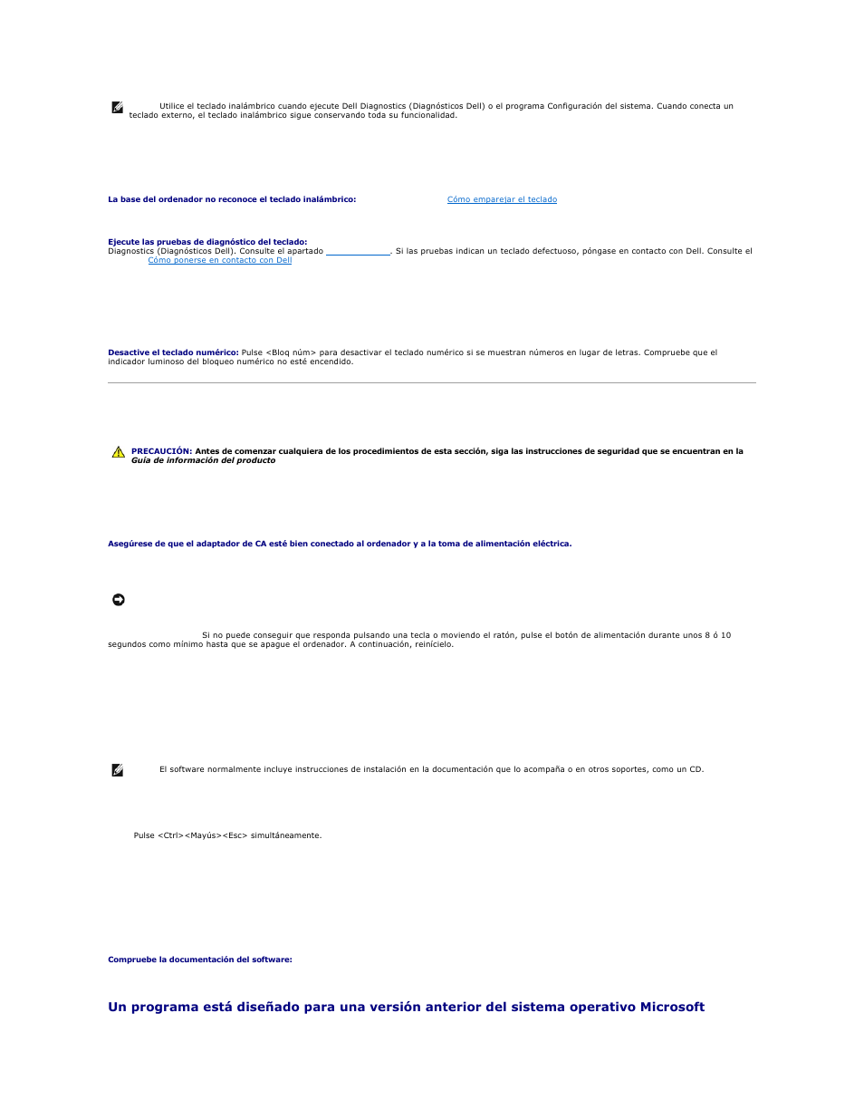 Bloqueos y problemas de software, Y ejecute dell diagnostics (diagnósticos, Problemas con el teclado | Caracteres no esperados, El ordenador no se enciende, El ordenador no responde, Un programa no responde, Un programa se bloquea en repetidas ocasiones | Dell XPS M2010 (MXP061, Mid 2006) User Manual | Page 111 / 119