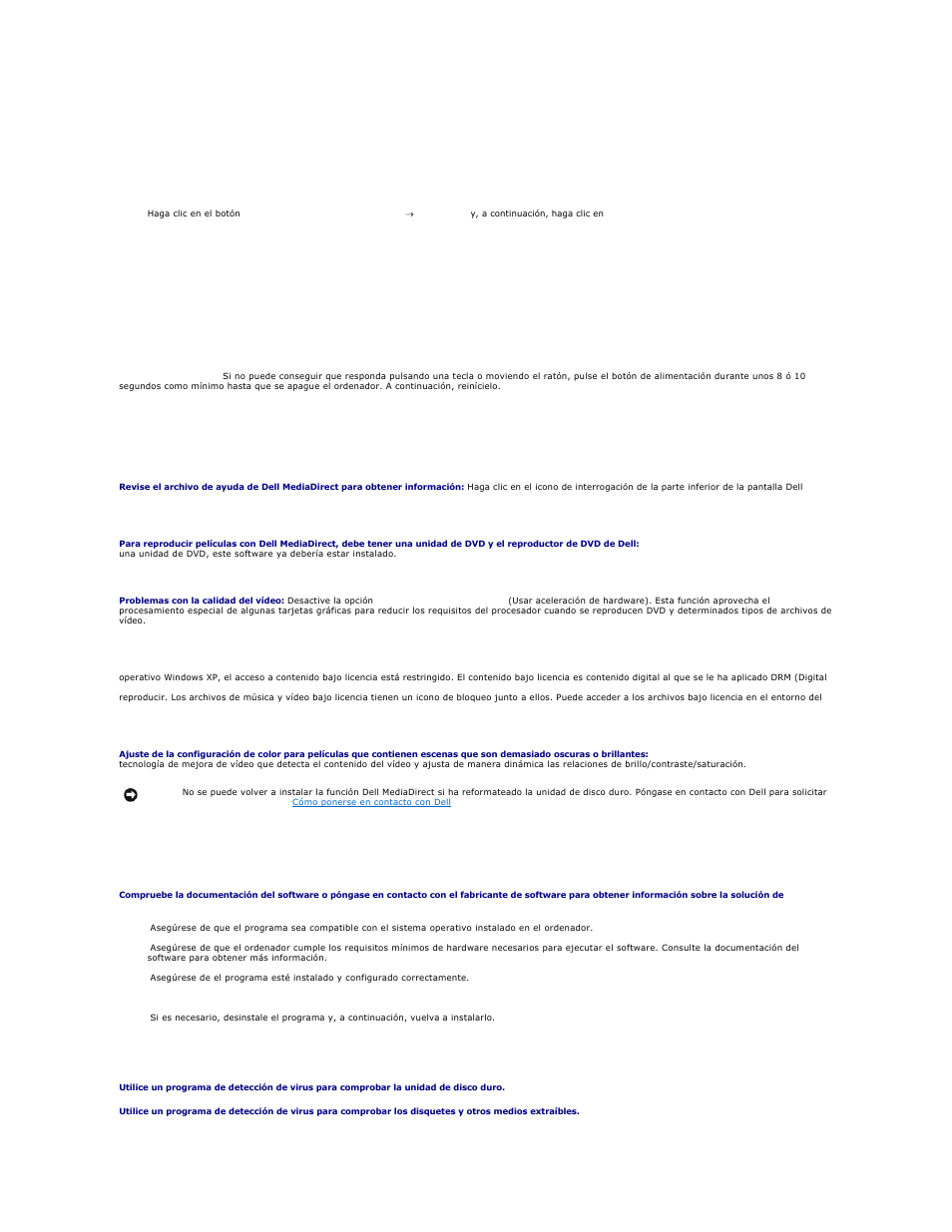 Problemas de dell, Mediadirect, Windows | Aparece una pantalla azul fija, Problemas de dell mediadirect, Otros problemas de software | Dell XPS M2010 (MXP061, Mid 2006) User Manual | Page 112 / 119