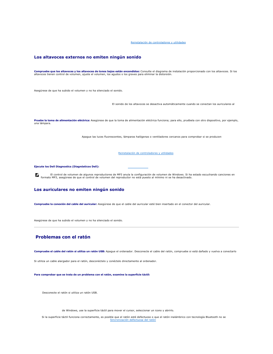 Problemas con el ratón, Los altavoces externos no emiten ningún sonido, Los auriculares no emiten ningún sonido | Dell XPS M2010 (MXP061, Mid 2006) User Manual | Page 117 / 119