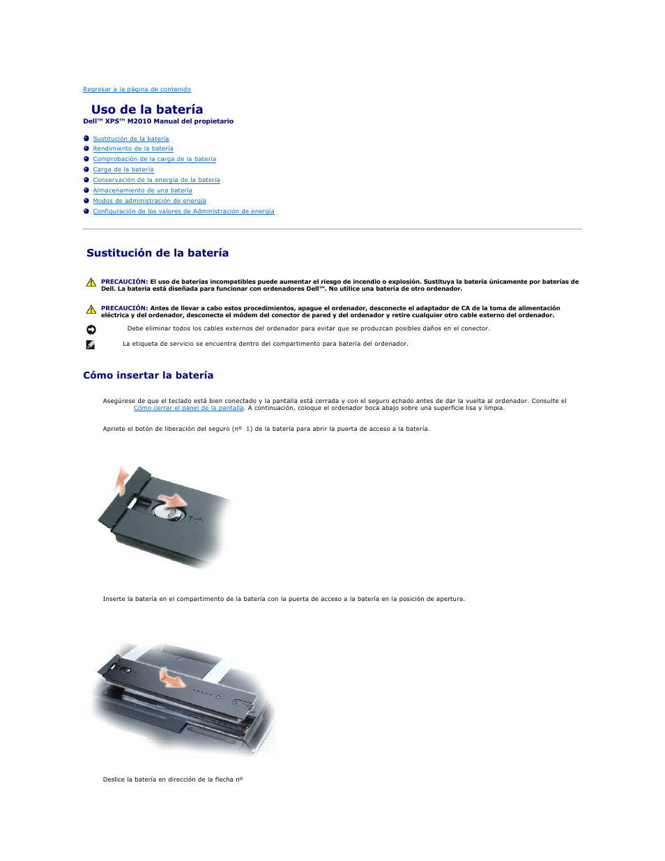 Uso de la batería, Sustitución de la batería, Cómo insertar la batería | Dell XPS M2010 (MXP061, Mid 2006) User Manual | Page 13 / 119