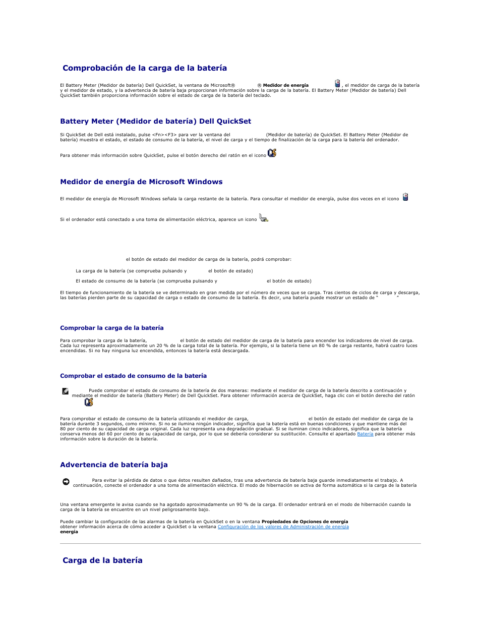 Comprobación de la carga de la batería, Carga de la batería, Battery meter (medidor de batería) dell quickset | Medidor de energía de microsoft windows, Medidor de carga, Advertencia de batería baja | Dell XPS M2010 (MXP061, Mid 2006) User Manual | Page 16 / 119