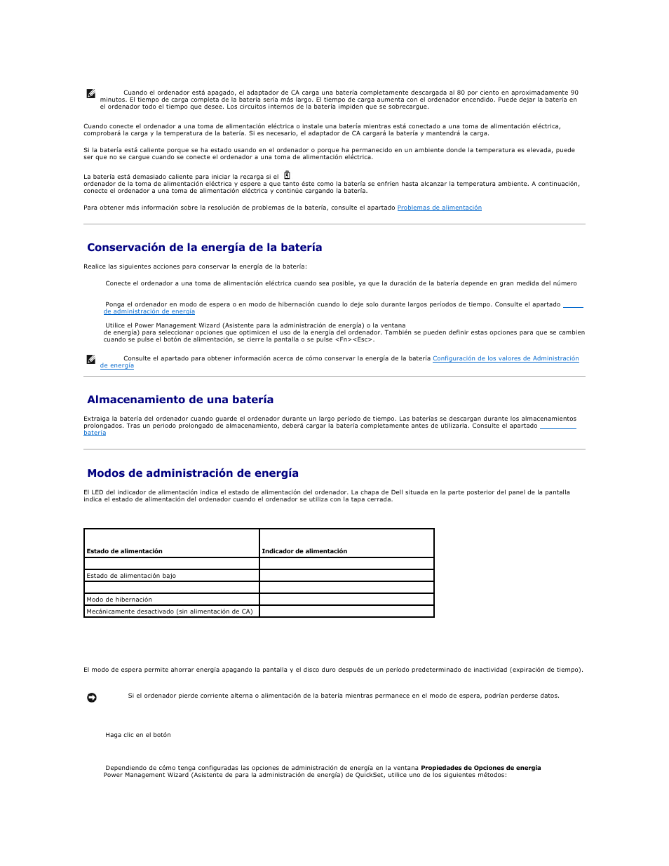 Conservación de la energía de la batería, Almacenamiento de una batería, Modos de administración de energía | Modo de espera | Dell XPS M2010 (MXP061, Mid 2006) User Manual | Page 17 / 119