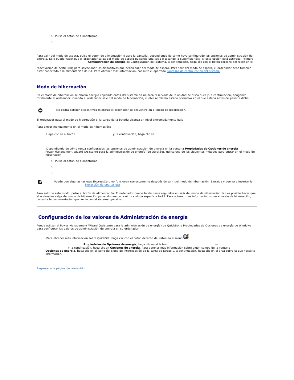 Para obtener, Nota, Configuración de los valores de administración | De energía, Modo de hibernación | Dell XPS M2010 (MXP061, Mid 2006) User Manual | Page 18 / 119