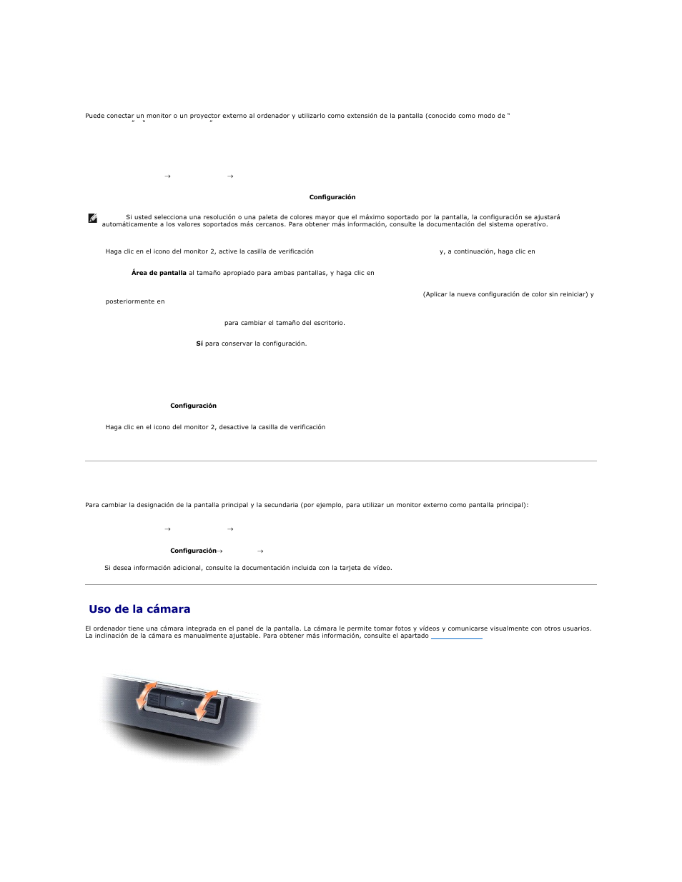 Modo de pantalla dual independiente, Cambio de pantalla principal y secundaria, Uso de la cámara | Dell XPS M2010 (MXP061, Mid 2006) User Manual | Page 23 / 119