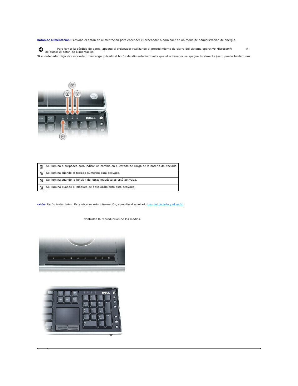 Indicadores de estado del teclado (4), Ratón, Botones de control multimedia | Del teclado, De la base | Dell XPS M2010 (MXP061, Mid 2006) User Manual | Page 3 / 119