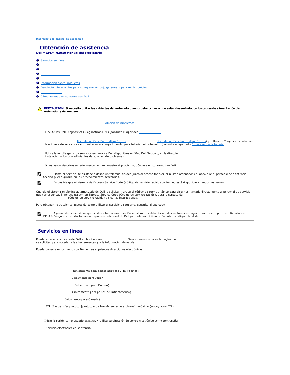 Obtención de asistencia, Servicios en línea | Dell XPS M2010 (MXP061, Mid 2006) User Manual | Page 37 / 119